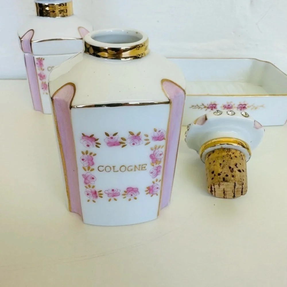 1956 Lefton Vanity Dresser Bottles & Soap Dish Hand Painted Rhinestones/Cork Set